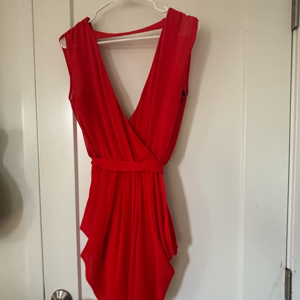 Bebe Cherry Red Asymmetrical Ruched Cocktail Dress